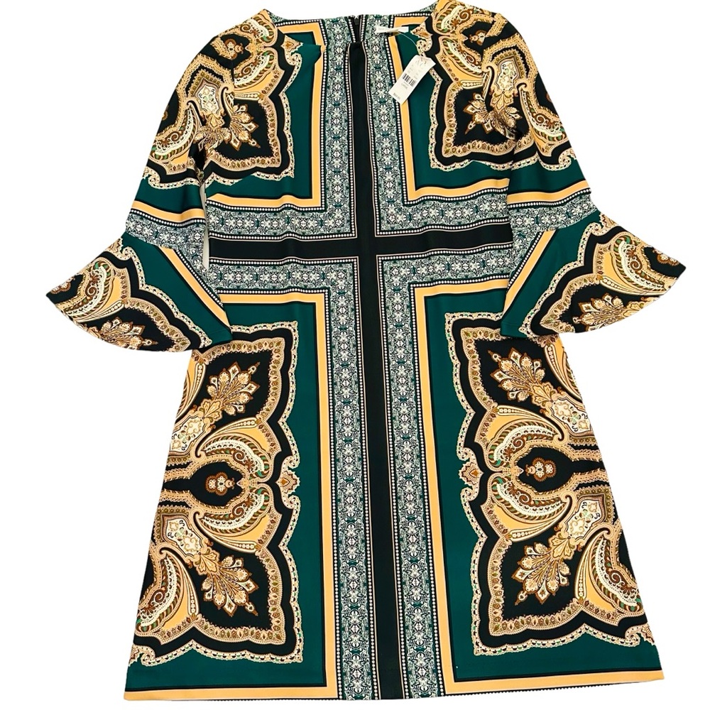 NWT New York & Company Green Multi  Print Bell Sleeve Stretch Dress. Sexy🔥🔥🔥